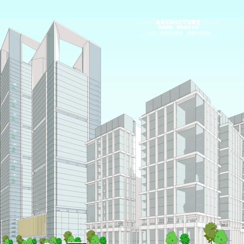 現代體塊組合高層企業總部辦公公寓綜合樓屋頂構架建筑設計——SU模型視角下的空間邏輯與形式表達